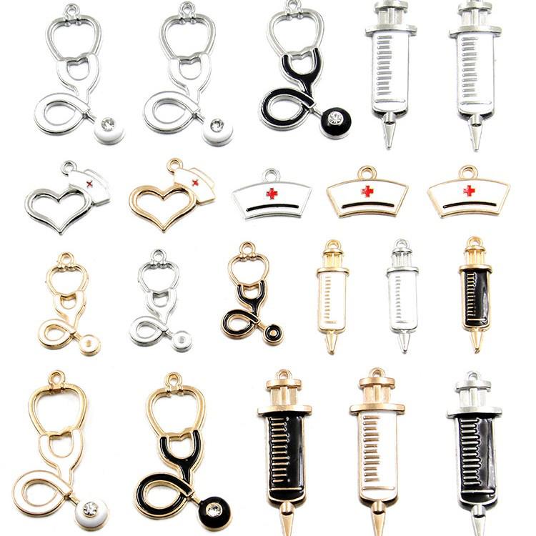6 Style Medical Charm Jewelry: Drip Oil Stethoscope, Syringe, Heart Pendants in 2 Base Colors