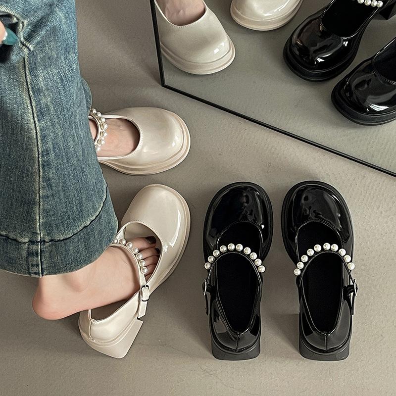 French fairy style loafers retro women Mary Jane shoes summer design pearl high heel small leather shoes single shoes