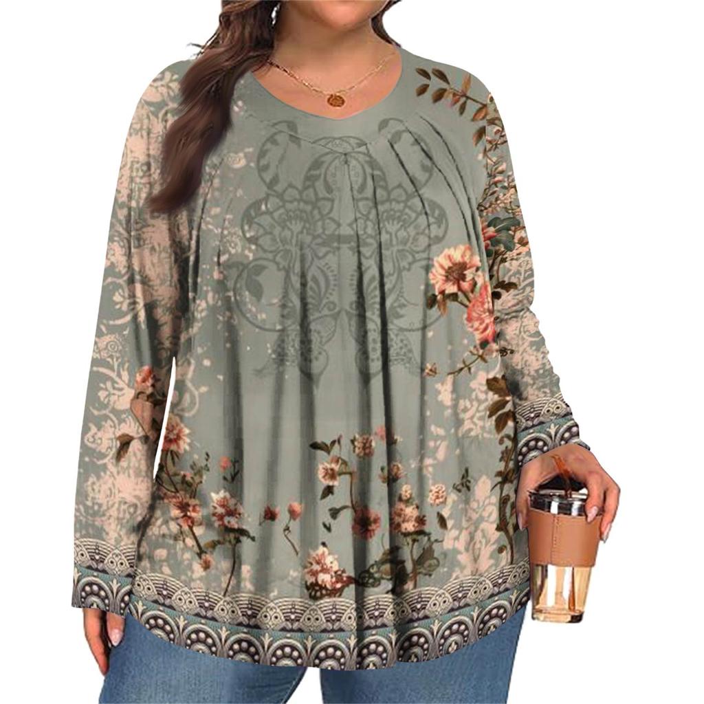 Dámská móda plus size Tištěný ležérní plisovaný top s kulatým výstřihem a dlouhým rukávem
