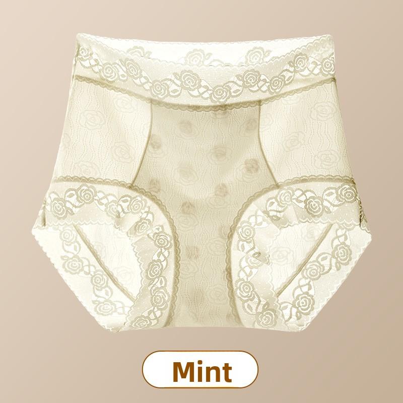 Big Size Lady Spring and Summer Sexy Lace Antibacterial Mulberry Silk Extended Crotch High Waist Belly Non Scratch Flat Angle Underwear