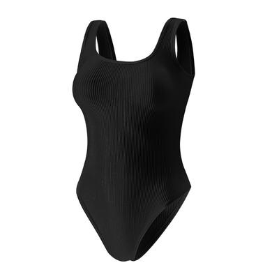 Women's Black Ribbed U-Neck One-Piece Swimsuit