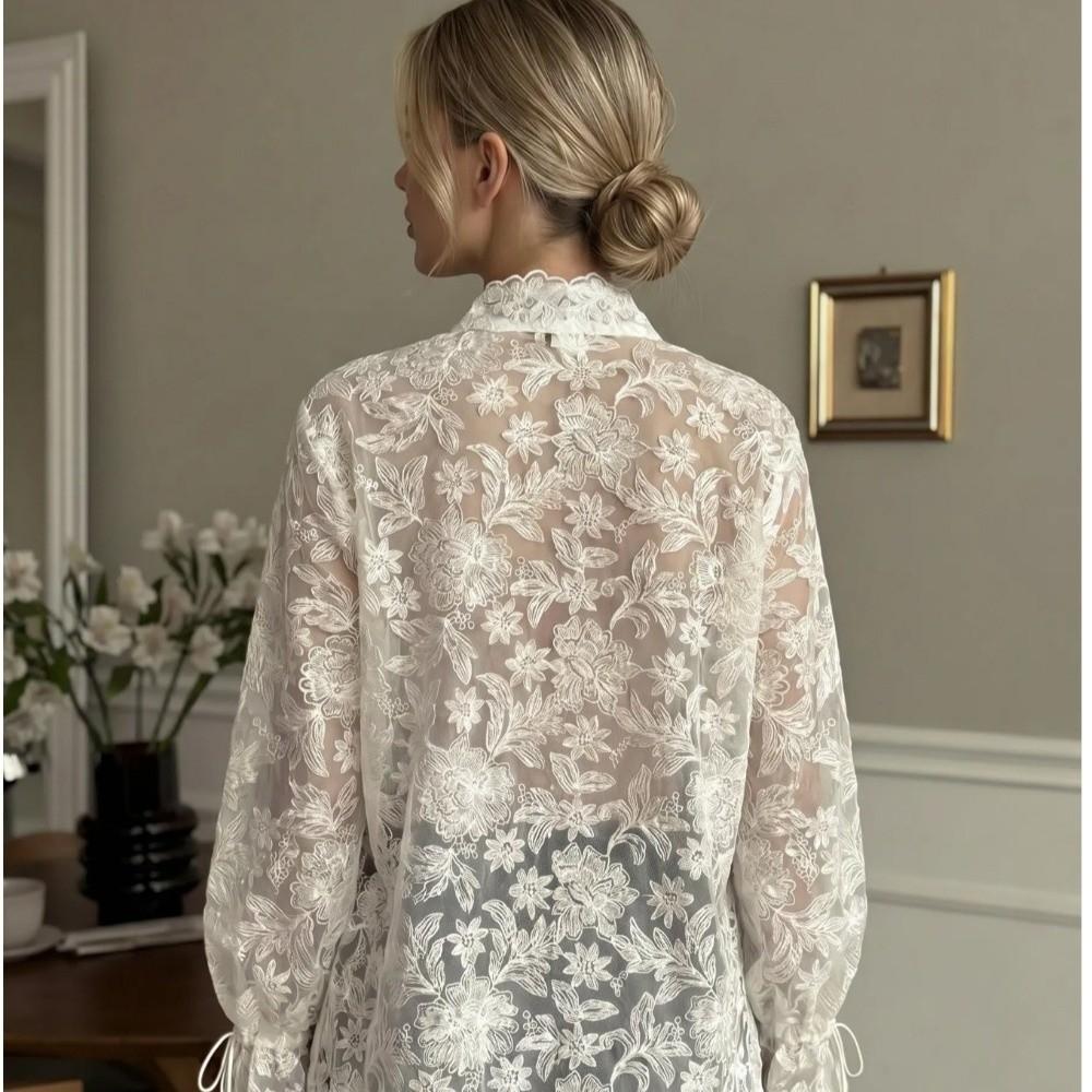 Hollow Out Lace Printed Shirt Slim Fit See Through Mesh Shirt New Women Shirt Tops Summer