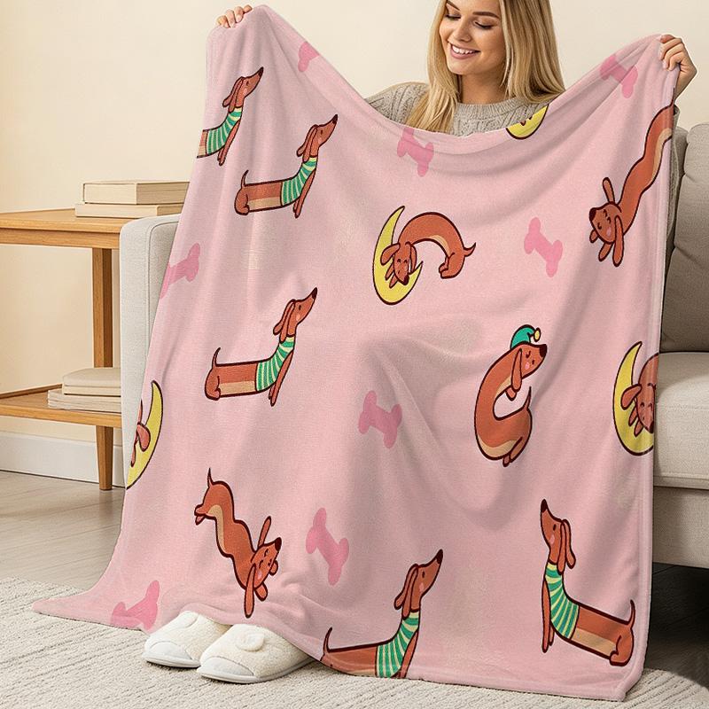 Lightweight Flannel Throw Blanket – Cartoon Dachshund Print, Soft & Cozy Warm Blanket for Home Lounge, Christmas & Halloween Decor