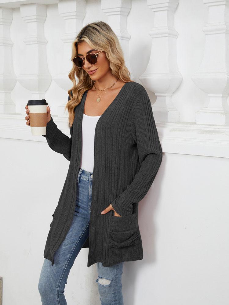 Autumn and Winter New Pit Stripes Long-sleeved Pockets Casual Solid Color Cardigan Jacket Long Cardigan Women Tops Kawaii Sweater