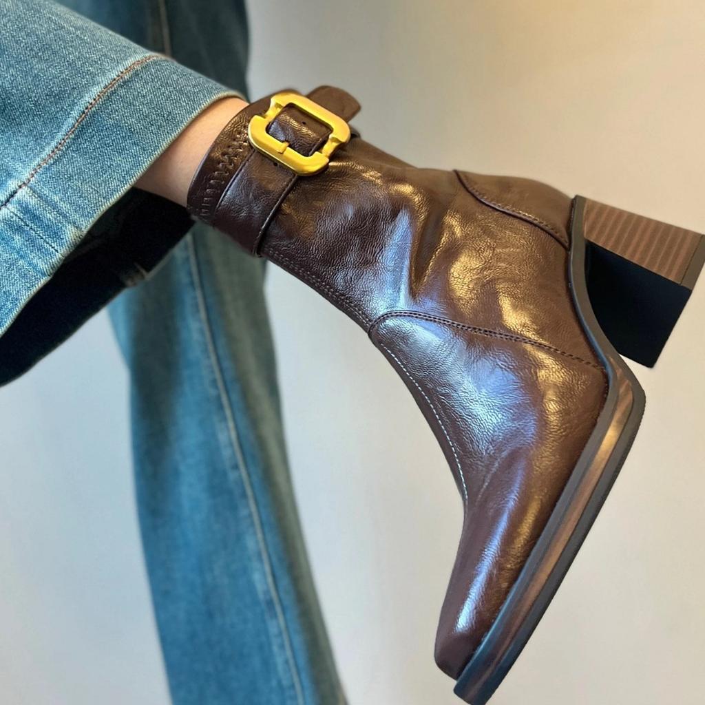 Square head high heel short boots women's retro thick heel thick sole thin velvet Martin boots silent bottom thin boots
