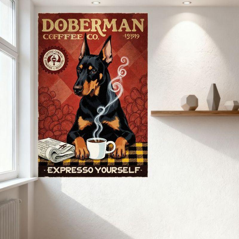 Vintage Doberman Coffee Co. Metal Tin Sign - 1919 Established Doberman Pinscher with Coffee Cup & Newspaper, Retro Wall Decor fo