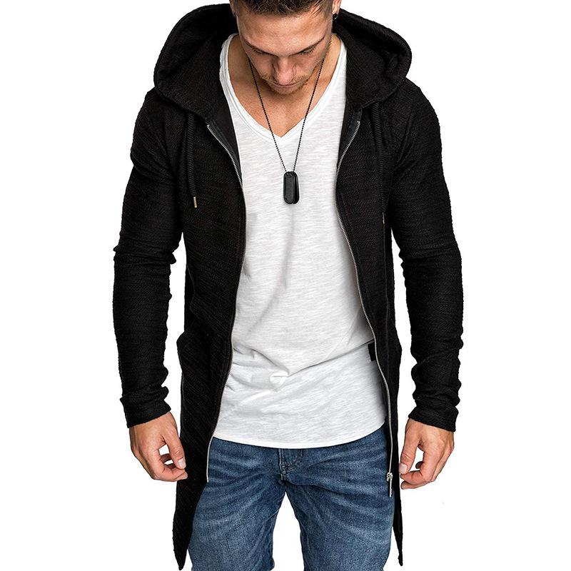Autumn Men s Black Knit Hoodie Longline Zip Up Casual Cardigan S