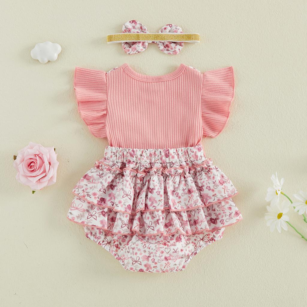 Citgeett Summer Infant Baby Girl Floral Bodysuit Dress Cute Bow Flying Sleeve Jumpsuit Headband Clothes
