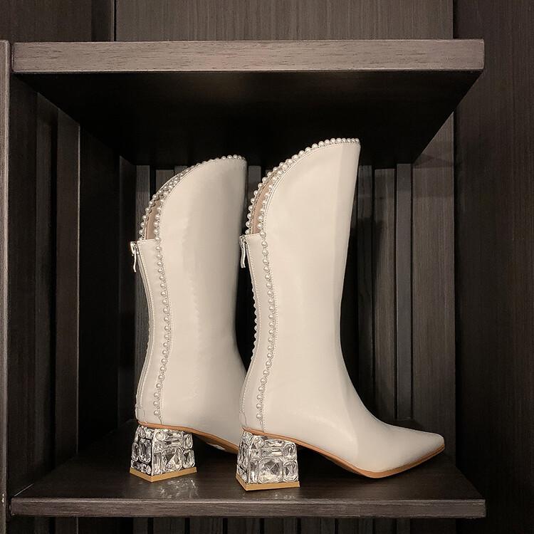 Fashion Black White Cowhide Pearl Edge Retro Knee High Boots New Autumn Winter 5.5cm Low Heel Commuting Shopping Fashion Warm Long Boots