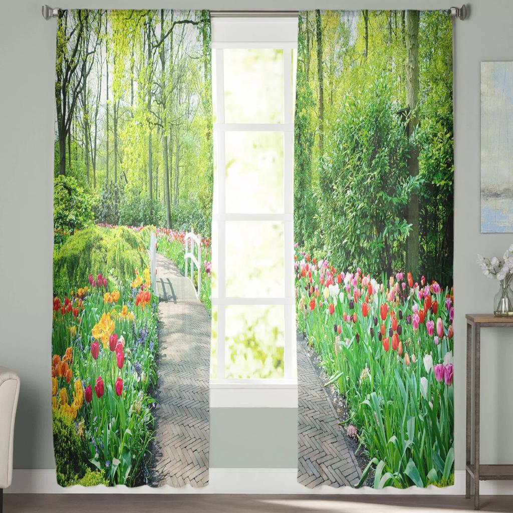 Forest Path Flowers Leaves Tulle Curtains Balcony Room Fashion Printed Sheer Curtain Living Room Window Modern Decor