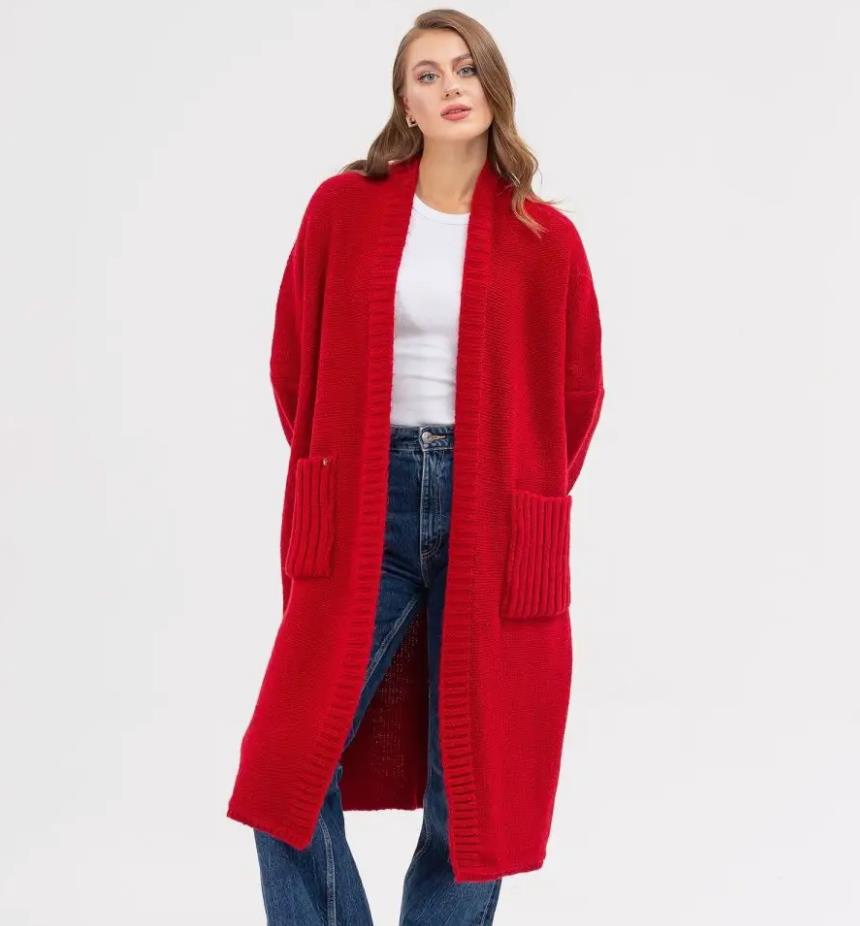 

2025 European & American Style Women s Loose Mid-Length Knitted Cardigan Sweater Large червоний