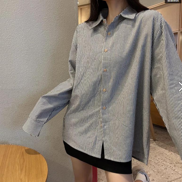 Women's Retro Striped Long Sleeve Lapel Shirt - Casual, Loose Fit for Spring and Autumn