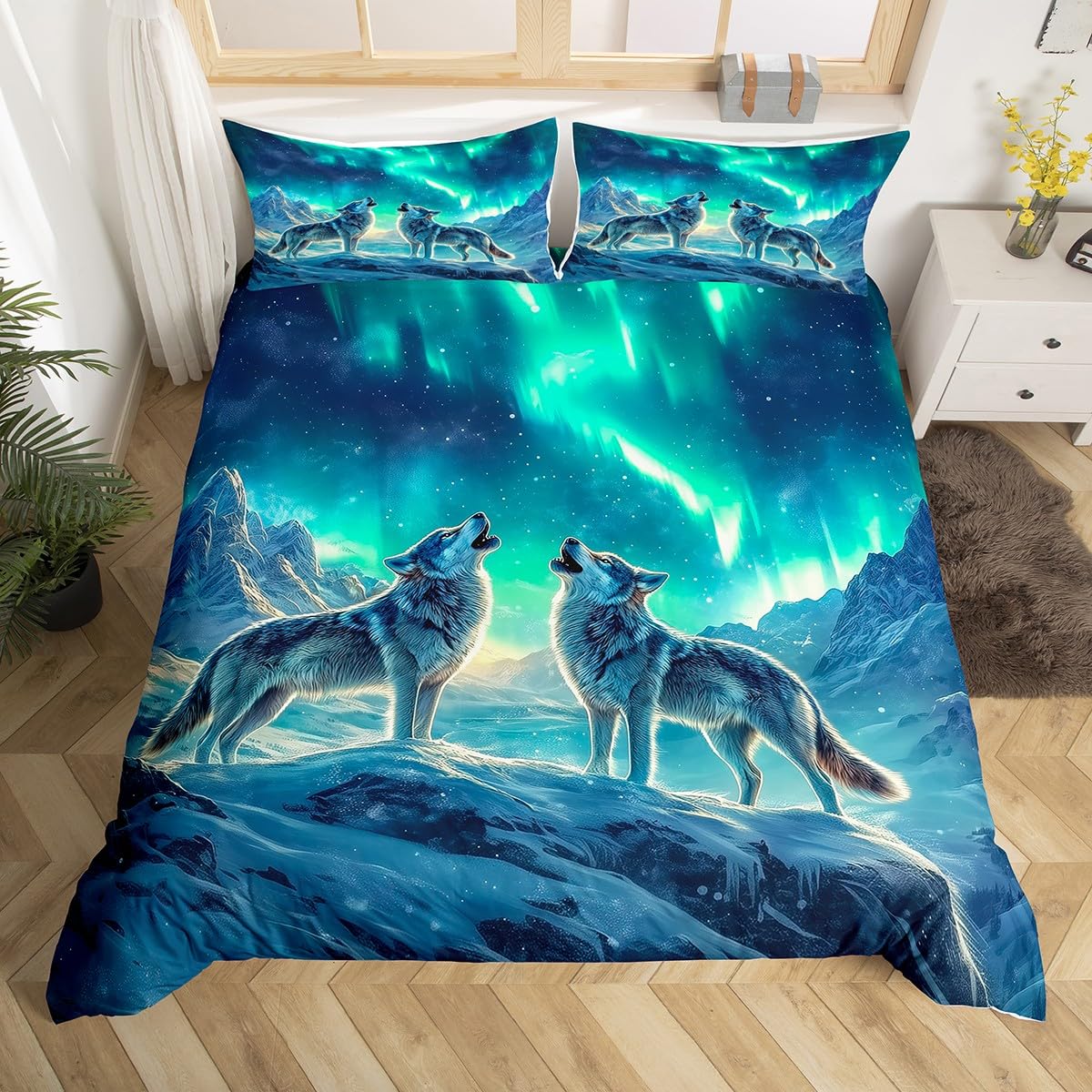 

Comforter Snow Wolf Kids Queen Size Snow Mountains Pine Trees Comforter Wild Animal Theme Bedding Set For Boys Comforter (quilt)-EU Single(135*200cm)3pcs