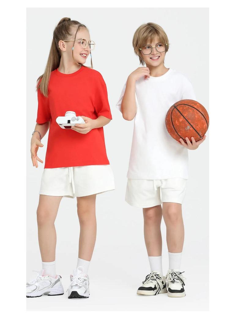 LVLV | Kids & Teens 240g Pure Cotton Loose Fit Retro Short Sleeve Parent-Child T-shirt, Class Uniform Trendy