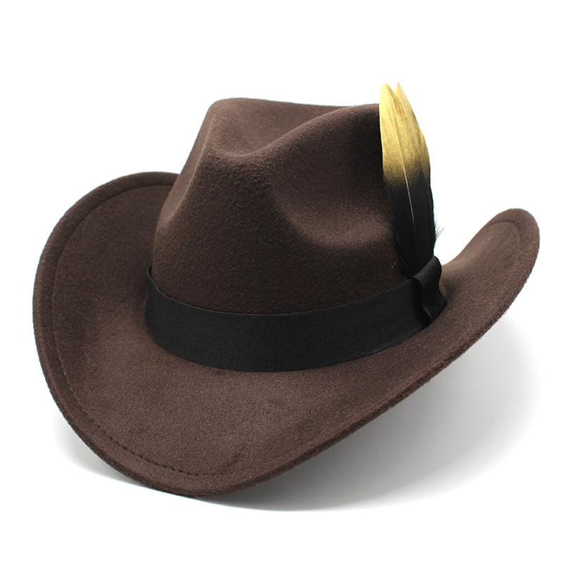 

Ковбойская шляпа в стиле вестерн, шерстяная джазовая шляпа с перьями, мужская и женская фетровая шляпа в этническом стиле, большая шляпа с карнизом M（56-58cm） темно-коричневого