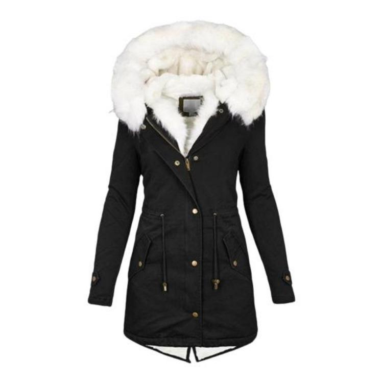 Winter Women Windproof Jacket Mid Length Slim Fit Cotton Coat Plus Size Faux Fur Hood Fleece Lined Zip Up Press Button Closure Outerwear