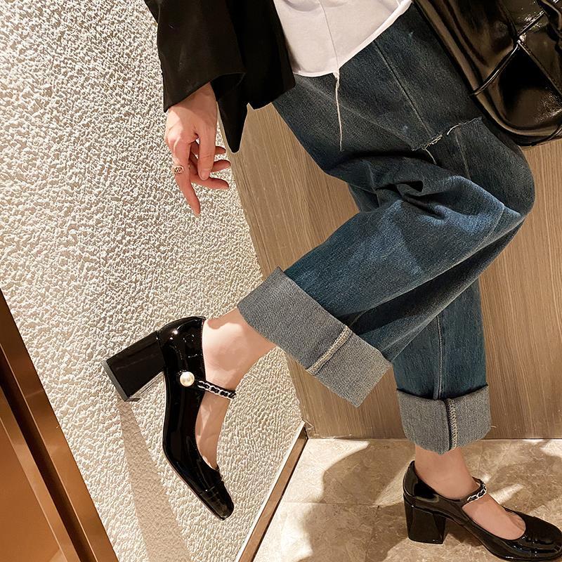 Pearl Mary Jane single shoes women's 2025 new thick heel square head one-word buckle French high heels medium heel versatile patent leather
