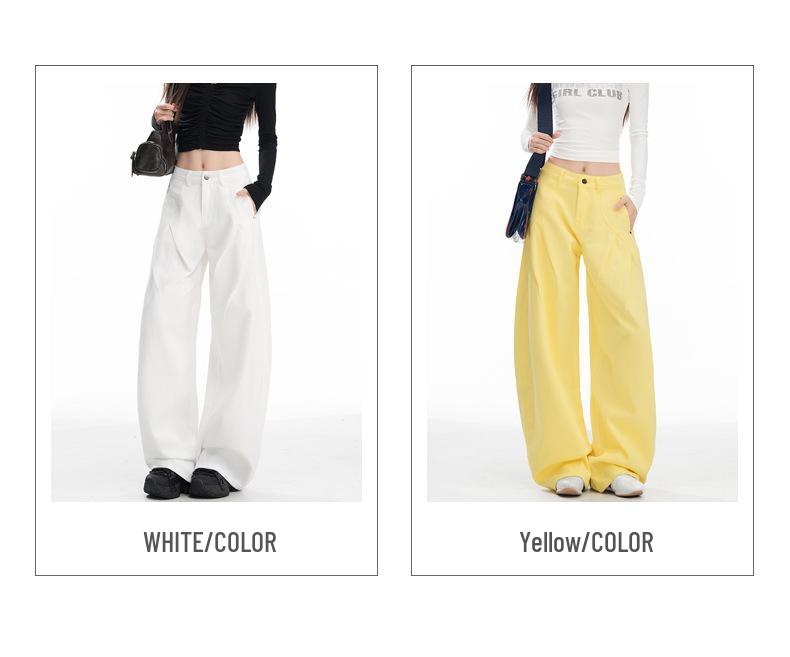 Women's American-Style Wide-Leg White Jeans: Autumn/Winter Pleated Casual Straight Floor-Length Pants