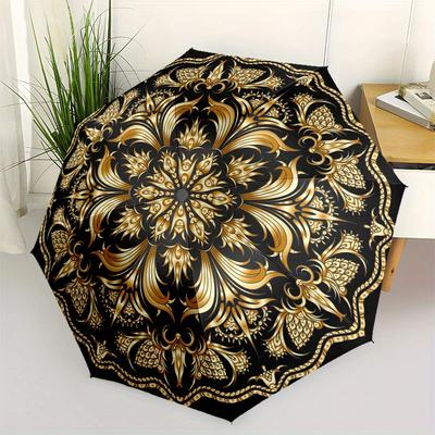 Goldenes Ornament Kreismuster Luxuriöses Dekoratives Design Regenschirm, Tragbarer 3-fach Faltbarer Kompakter Regenschirm für Männer & Frauen,S284
