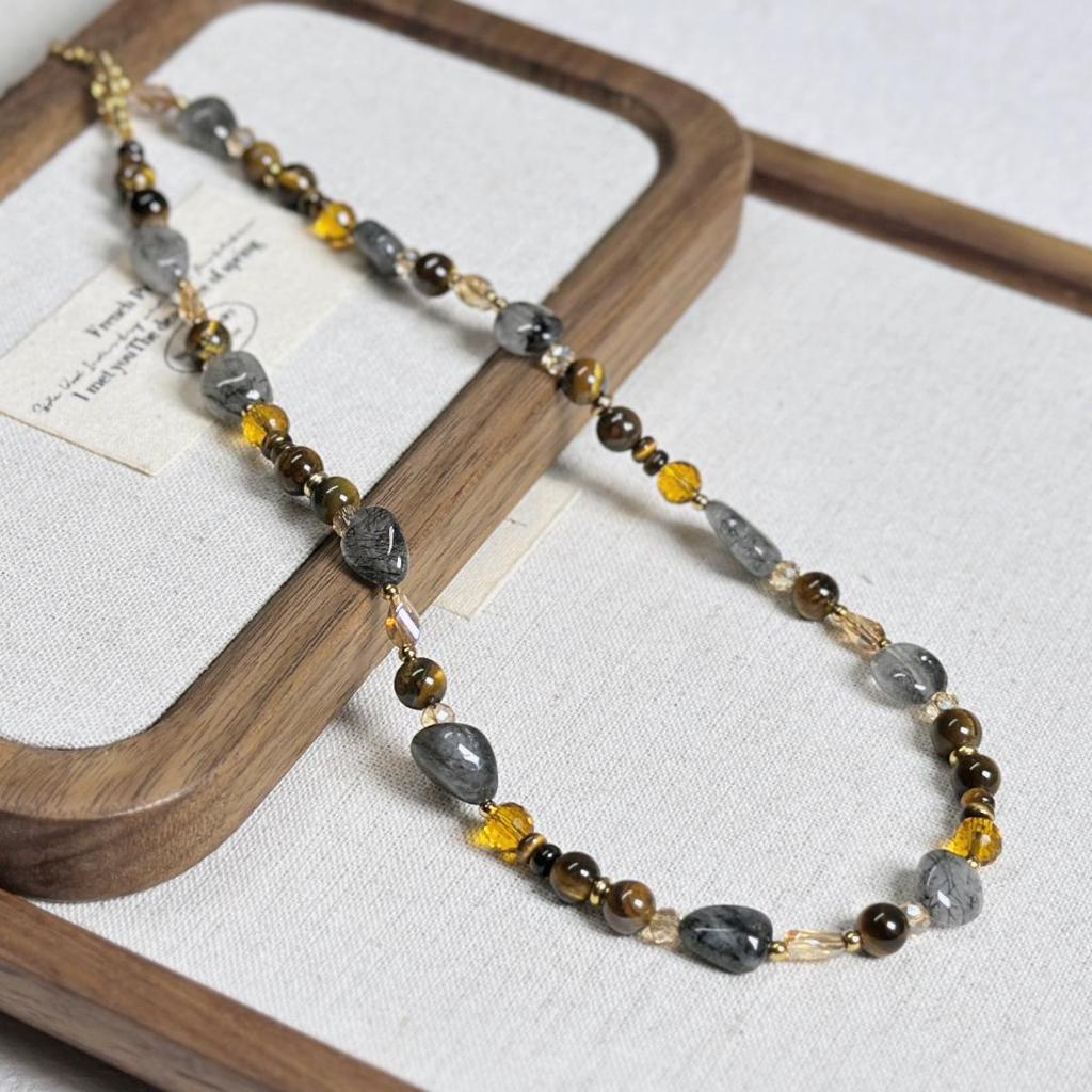 Maillard-Style Tiger Eye & Black Tourmaline Irregular Beaded Necklace for Women