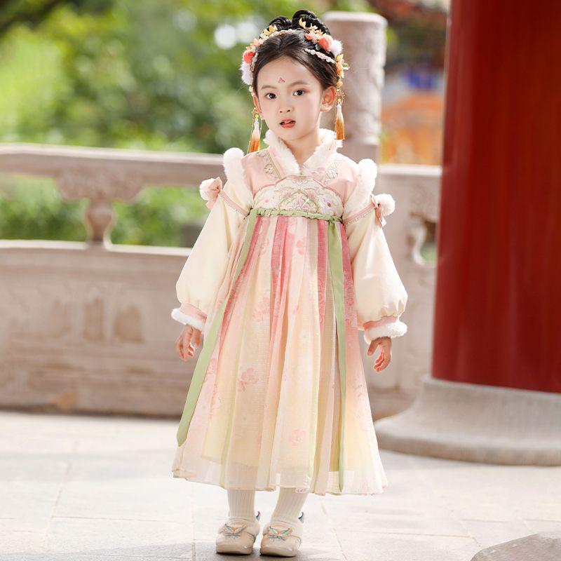 

2025 Winter Style Girls Hanfu: Fleece-lined Fairy Princess Ruqun Dress for Performances 140 Fleece-lined