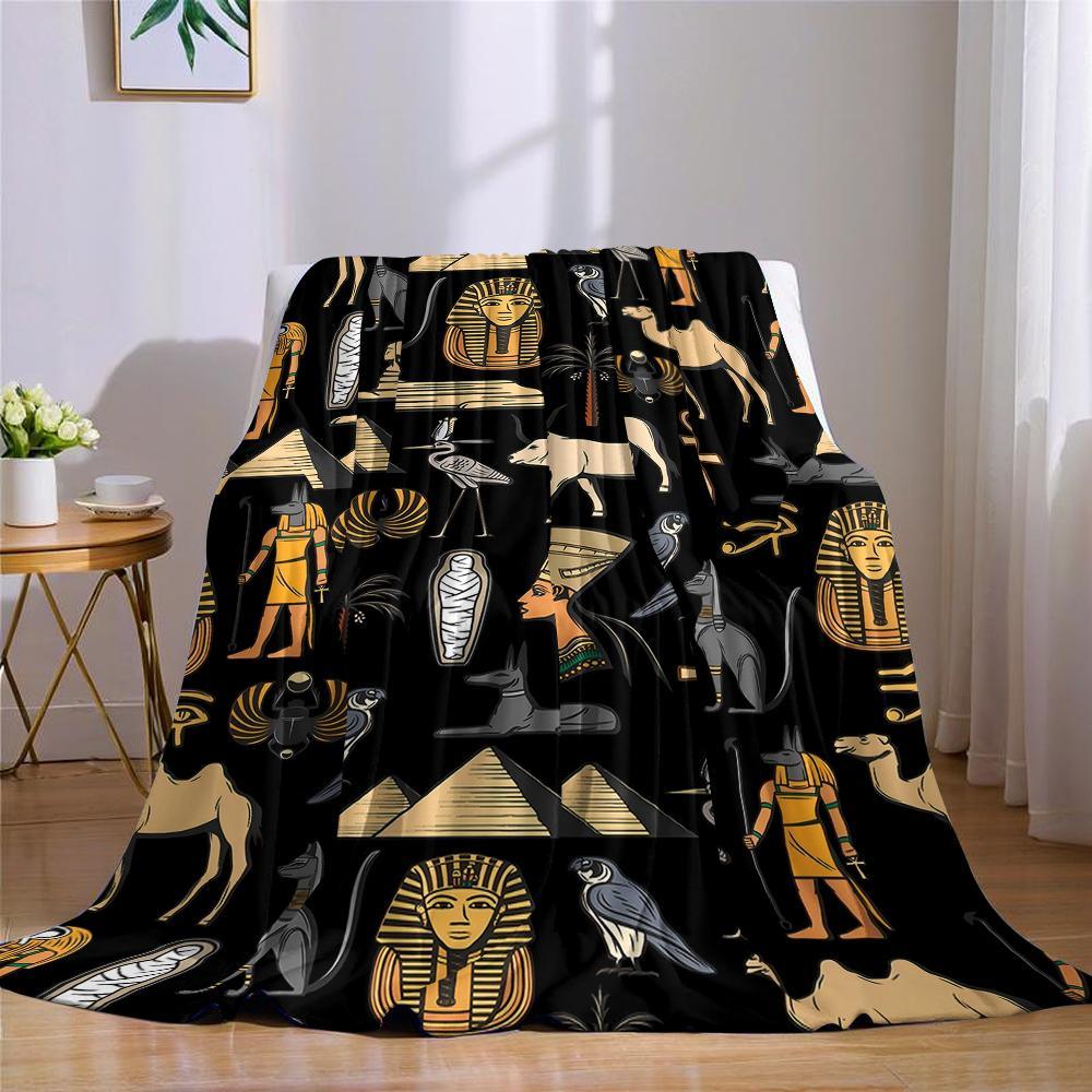 Egyptian Motif Print Flannel Blanket Warm Soft Halloween Christmas Couch Warm Cozy Decorative Decor Gift for All Season