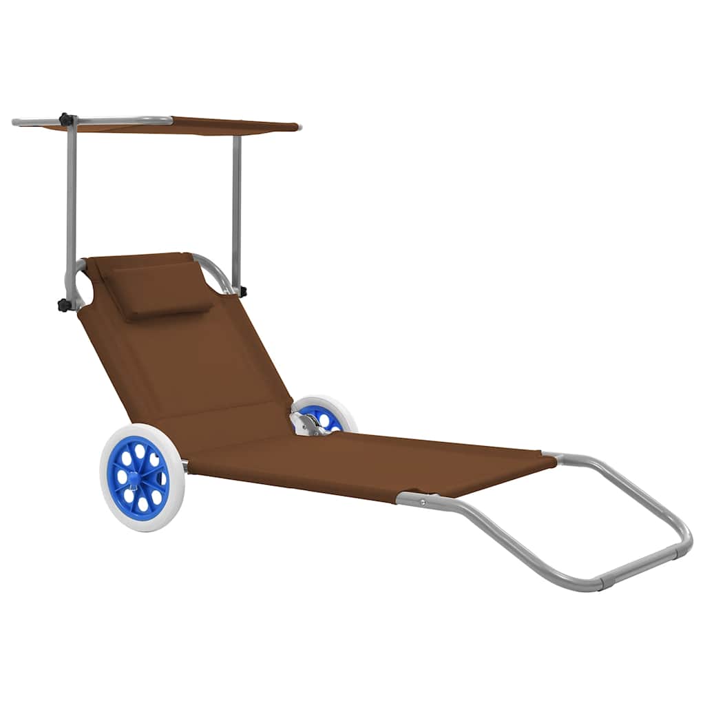 Folding Sun Lounger with Sunshade and Wheels Steel Taupe
