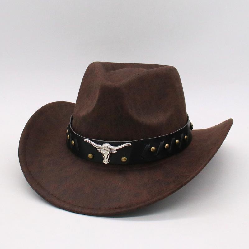 Unisex Pu Leather Western Cowboy Hat Metal Engraved Bull Head Rivet Belt Hat Party Hat