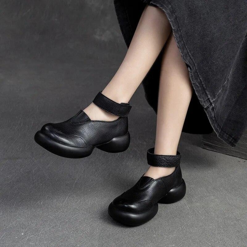 Johnature Genuine Leather Round Toe Thick Sole Pumps Casual Comfortable Hook & Loop Women's Shoes