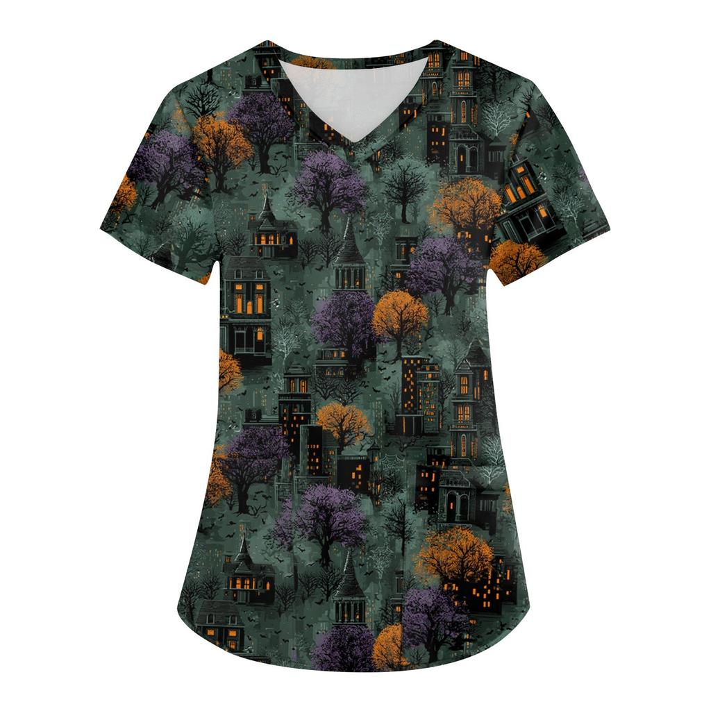 Women's Printing Uniform Work Uniform V-neck Pockets Basic Short Sleeve Pullover Top
