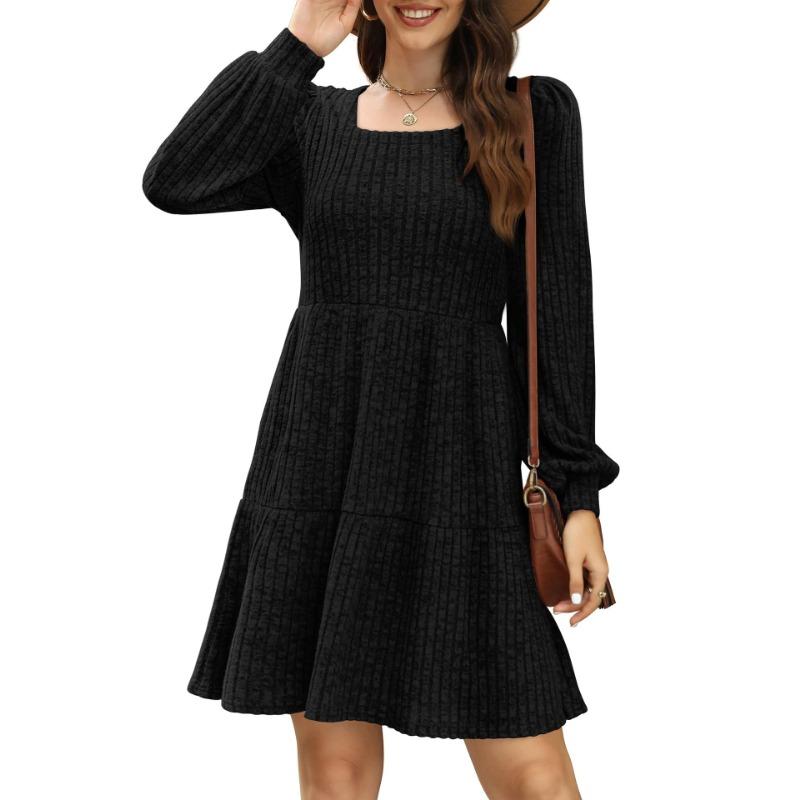 Robe trapèze à manches longues et col rond pour femme avec poche