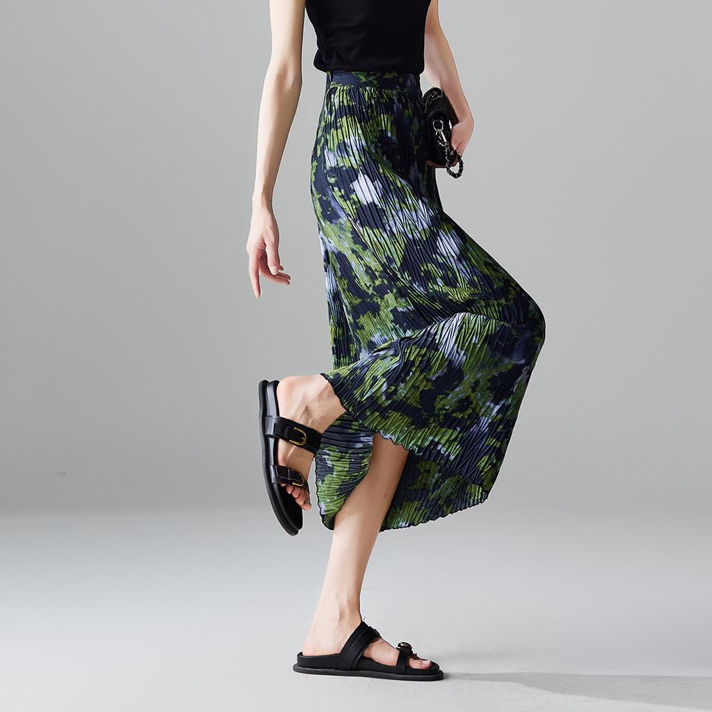 Fashionable printed pleated skirt 2026 summer thin commuting versatile mid length A-line skirt