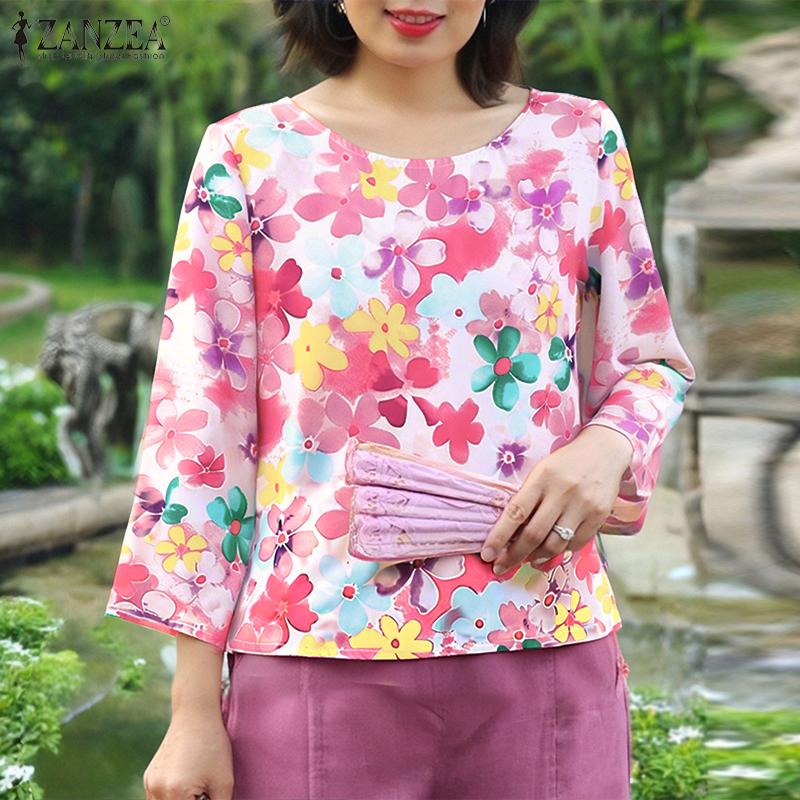 ZANZEA Women Casual Round Neck 3/4 Sleeve Summer Floral Blouse