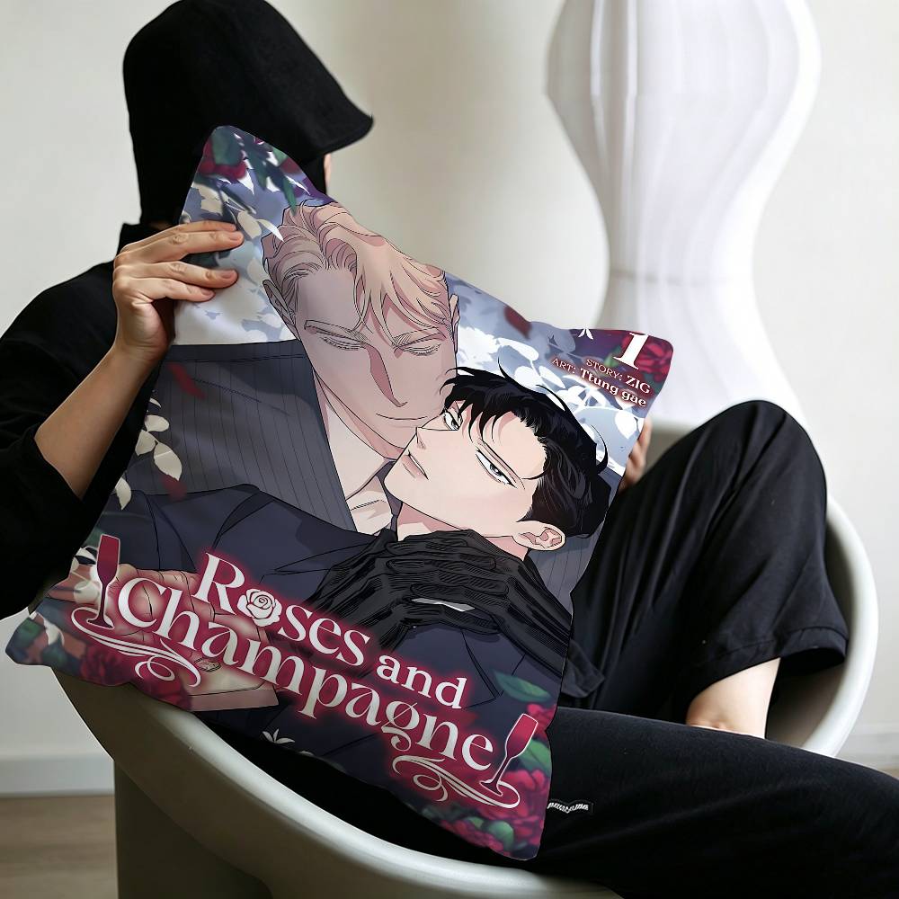 Korean Manhua Roses And Champagne Pillowcase Toon Gift Cushion Cover Bedroom Home Sofa Chair Seat Decor Pillow Case