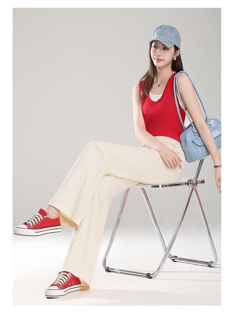 Spring 2025 Women's Elastic High-Waist Straight-Leg Pants - Fashionable, Versatile, Wide-Leg Design