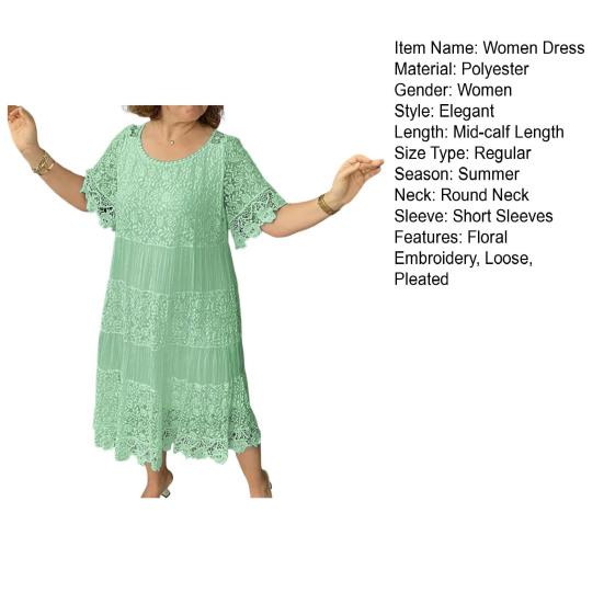 Summer Women Dress Hollow Out Lace Round Neck Pleated Solid Color Mid-calf