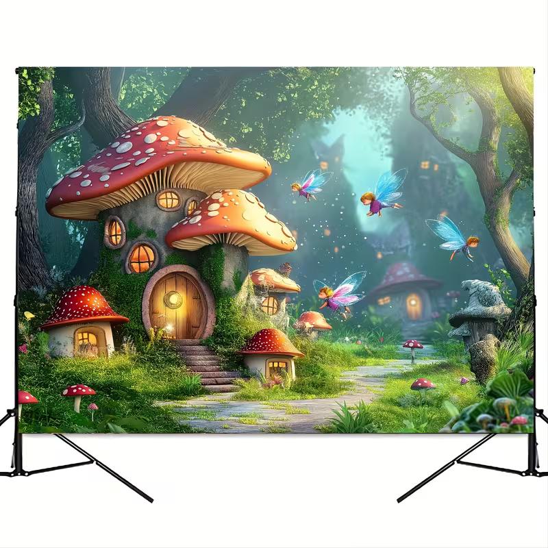 2D Enchanted Forest Fairy Tapestry, Magical Mushroom House Wall Hanging for Aesthetic Room Decoration