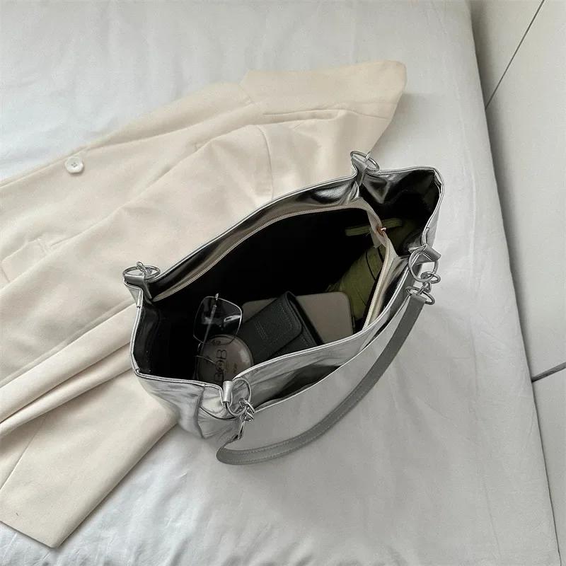 Casual Handbags for Women New Large-capacity Shoulder Bags Texture Bright Pu Leather Tote Bags for Women Chain Elegant Bags