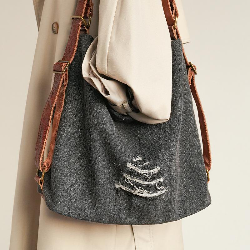 Large Capacity Denim Tote Bag with A Relaxed Style for Casual Cross-body or Double-back Carrying - Double-shoulder Bag Casually