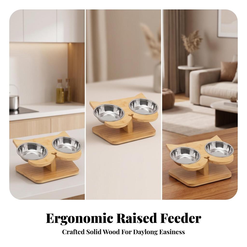 Wooden Pet Feeding Stand with Stainless Steel Bowls Compact for Cats, Young Dogs