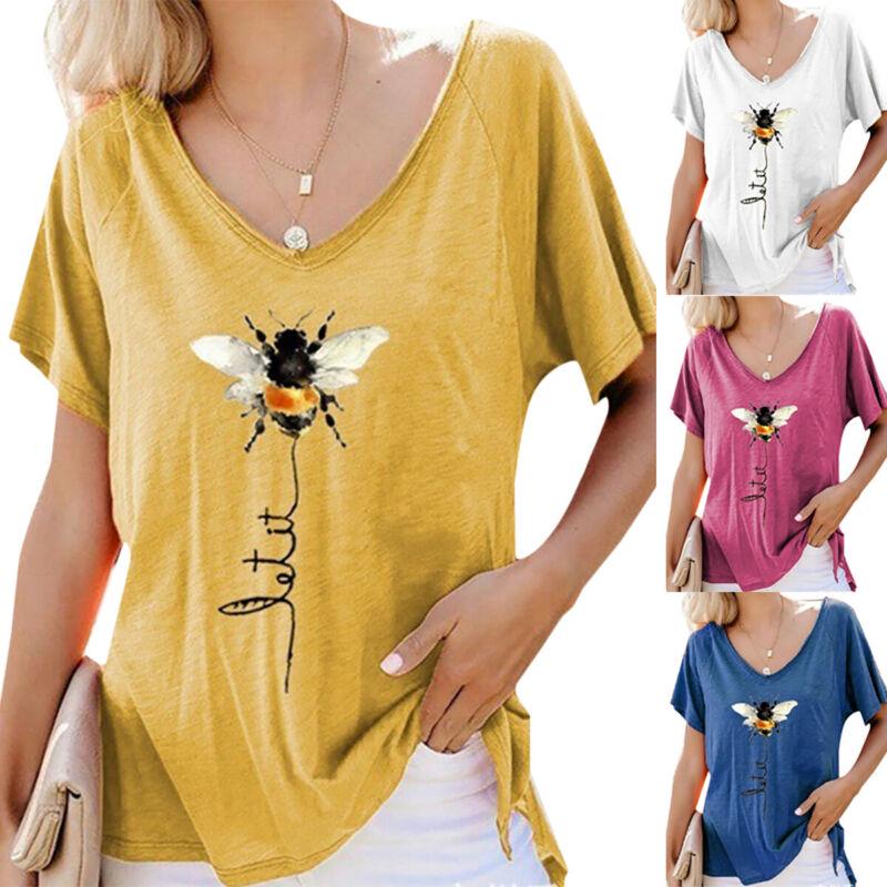 Женщины V Шеи Пчела Печать Смешные блузка Топы Baggy Короткие рукава случайные летние рубашки – купить по низким ценам в интернет-магазине Joom