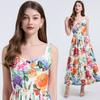 Summer Women Elegant Spaghetti Strap Print Flower Long Maxi Ankle Length Party Dresses