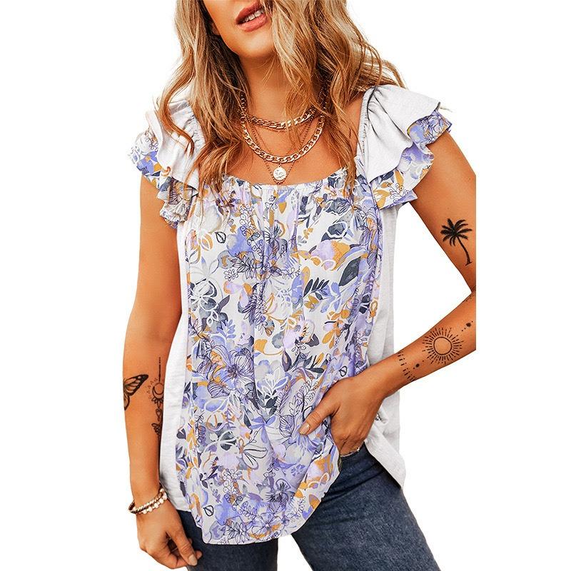 YYFS Women's Fashion Casual Flower Pattern Print Summer Spring Short Sleeve Square Collar Blouses & Shirts