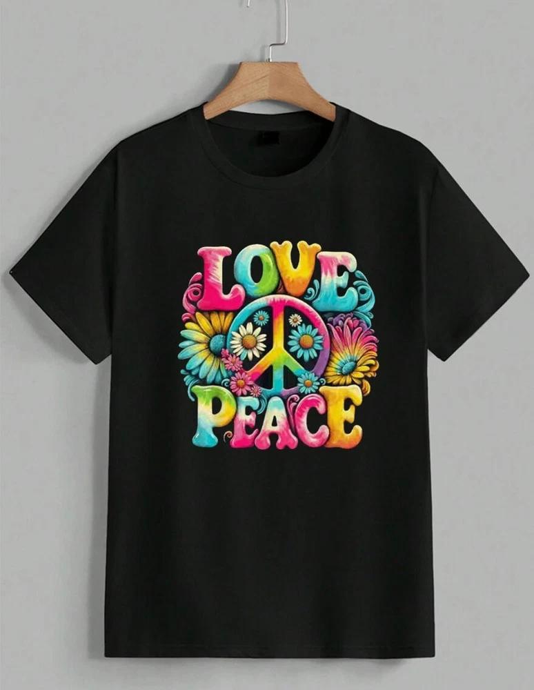 Love Peace Sign Retro Hippie Flower Rainbow T‑Shirt
