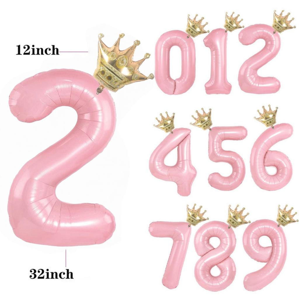 32/42inch Crown Decor Pink Aluminum Foil Digital Balloon Number Balloon For Birthday Party Decor Supplies Girls Birthday Favor
