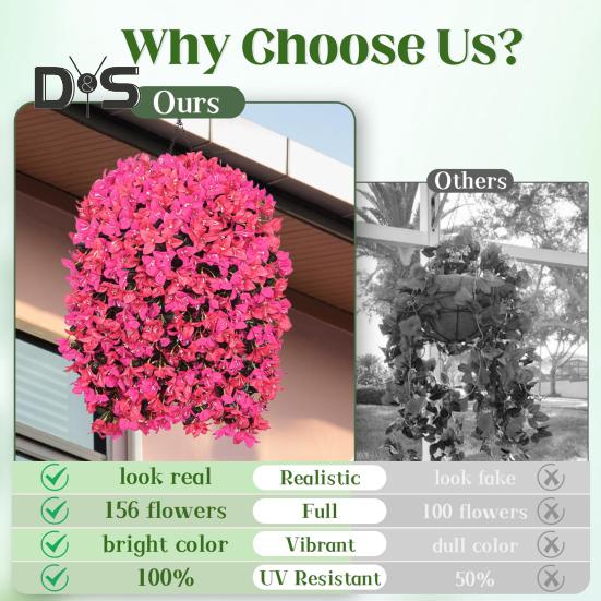 2Pcs Hanging Artificial Bougainvillea Speetabilis UV Resistant Realistic Fake Flower Wedding Party Indoor Outdoor Garden Yard Wall Hanging Faux Bloom