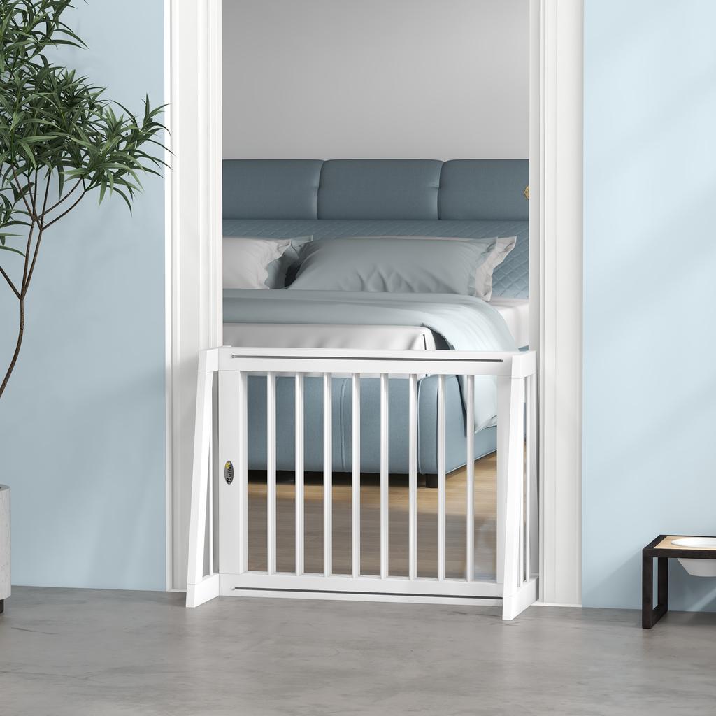 Dog Gate, Non-Slip, Freestanding, Extendable, Wood Frame, 71-190x38.5x56cm, White