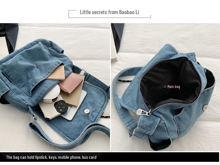 Korean Style Denim One-Shoulder Bag with Drawstring, Large Capacity Crossbody for School and Travel