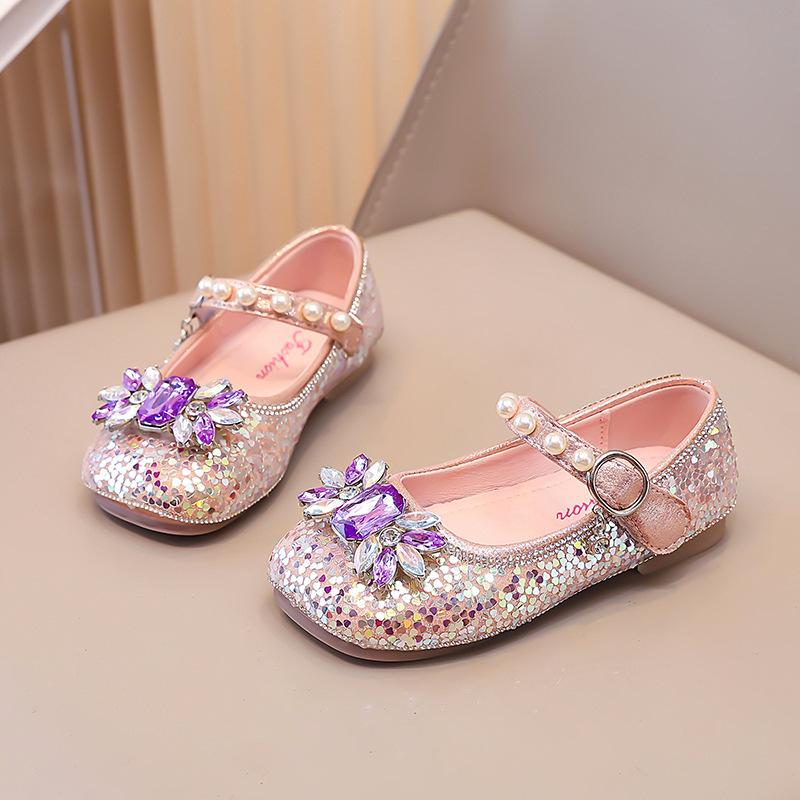 Cartoon fashion rhinestone sequins girls single shoes 2025 summer new shallow mouth children princess shoes baby crystal shoes
