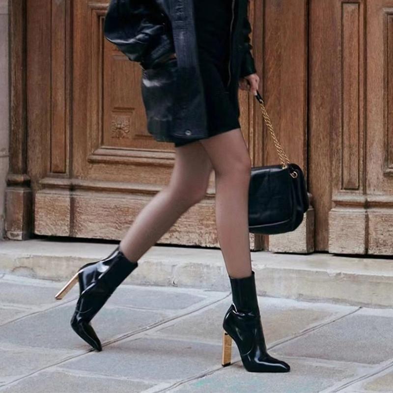 Herbst Winter Lackleder Mode Damen Stiefeletten Elegant Eckige Zehenpartie Metall Gold Hohe Absätze Chelsea Kurze Stiefel Schuhe